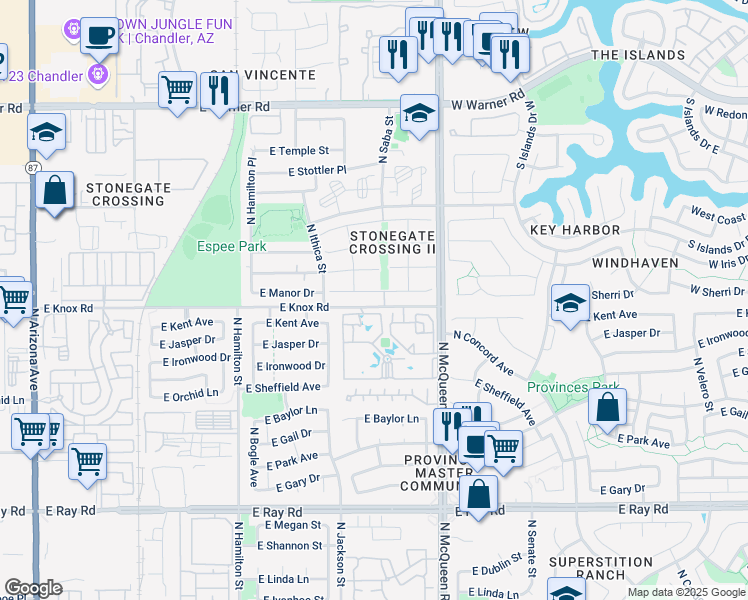 map of restaurants, bars, coffee shops, grocery stores, and more near 921 East Manor Drive in Chandler