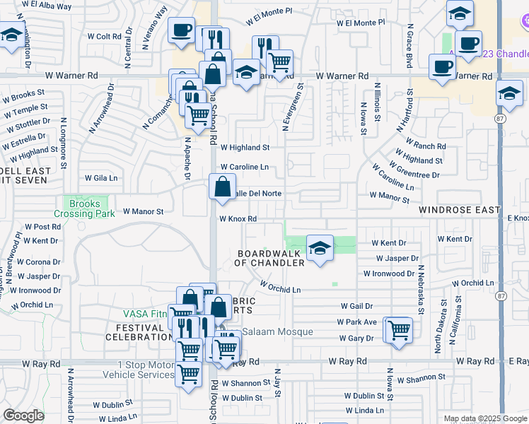 map of restaurants, bars, coffee shops, grocery stores, and more near 1415 North Pleasant Drive in Chandler