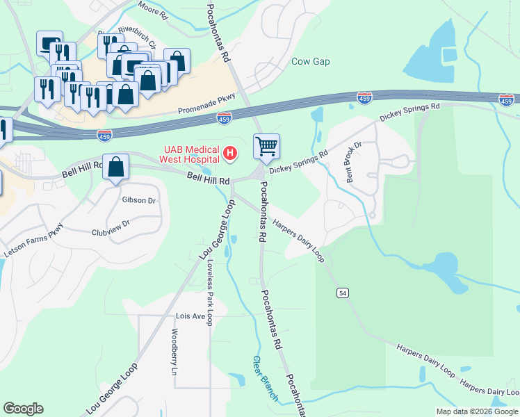 map of restaurants, bars, coffee shops, grocery stores, and more near 6046 County Road 6 in Bessemer