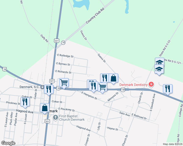 map of restaurants, bars, coffee shops, grocery stores, and more near 397 East Richards Street in Denmark