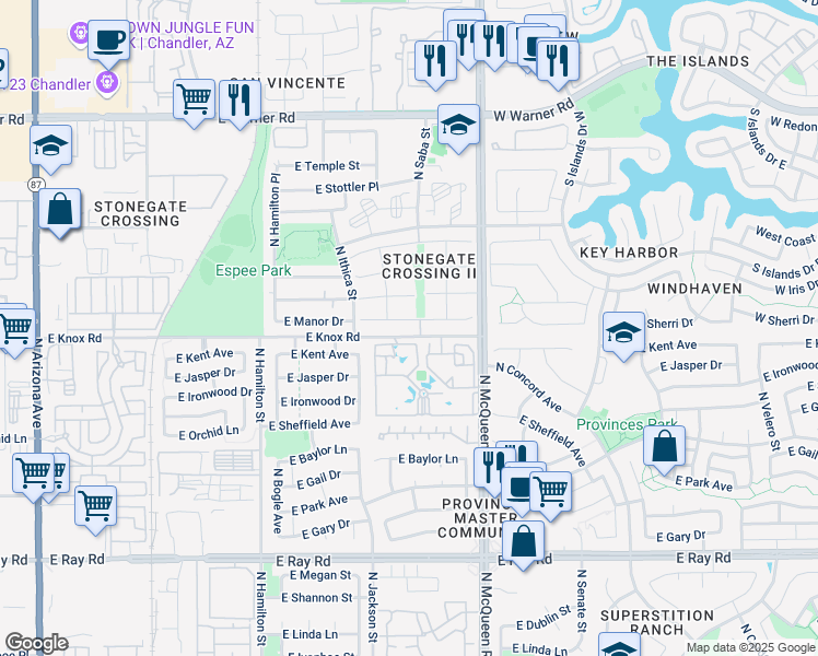 map of restaurants, bars, coffee shops, grocery stores, and more near 921 East Manor Drive in Chandler