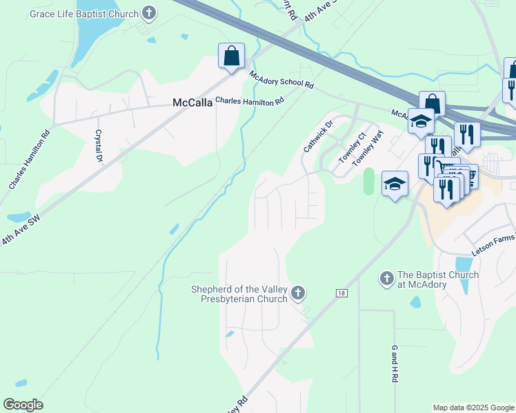 map of restaurants, bars, coffee shops, grocery stores, and more near 5852 Cheshire Cove Trail in McCalla