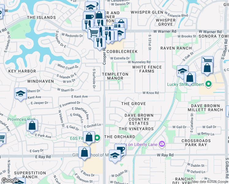 map of restaurants, bars, coffee shops, grocery stores, and more near 725 West Sherri Drive in Gilbert