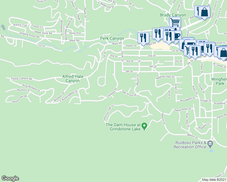 map of restaurants, bars, coffee shops, grocery stores, and more near 101 Oak Grove Place in Ruidoso