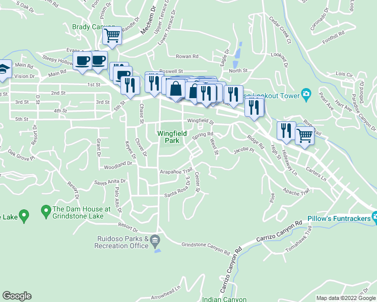 map of restaurants, bars, coffee shops, grocery stores, and more near 119 Stub Street in Ruidoso