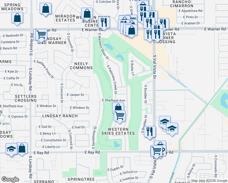map of restaurants, bars, coffee shops, grocery stores, and more near 1196 South Palomino Creek Drive in Gilbert