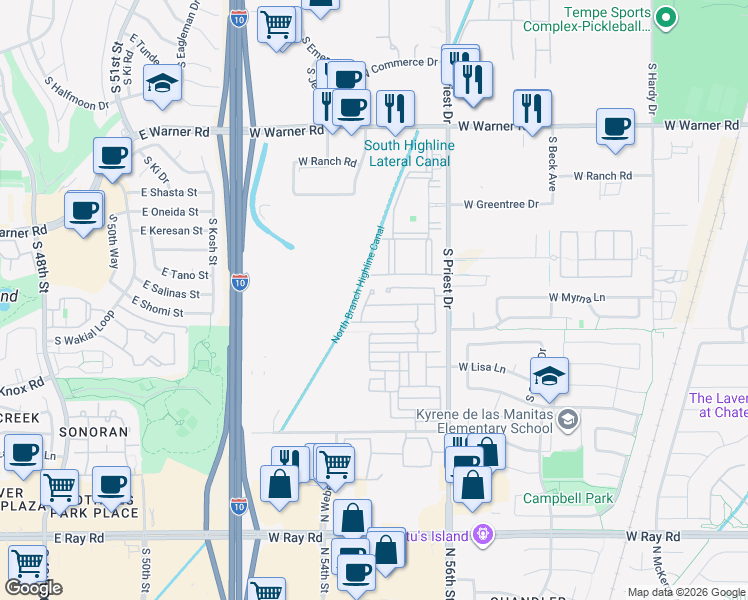 map of restaurants, bars, coffee shops, grocery stores, and more near 1724 West Dawn Drive in Tempe