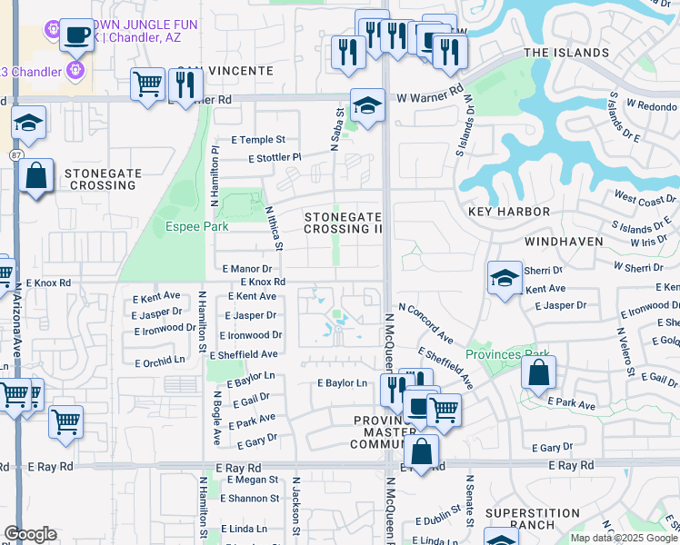 map of restaurants, bars, coffee shops, grocery stores, and more near 921 East Manor Drive in Chandler