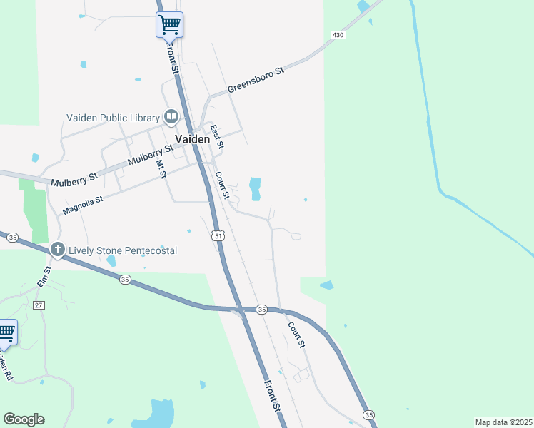 map of restaurants, bars, coffee shops, grocery stores, and more near 335 Court Street in Vaiden
