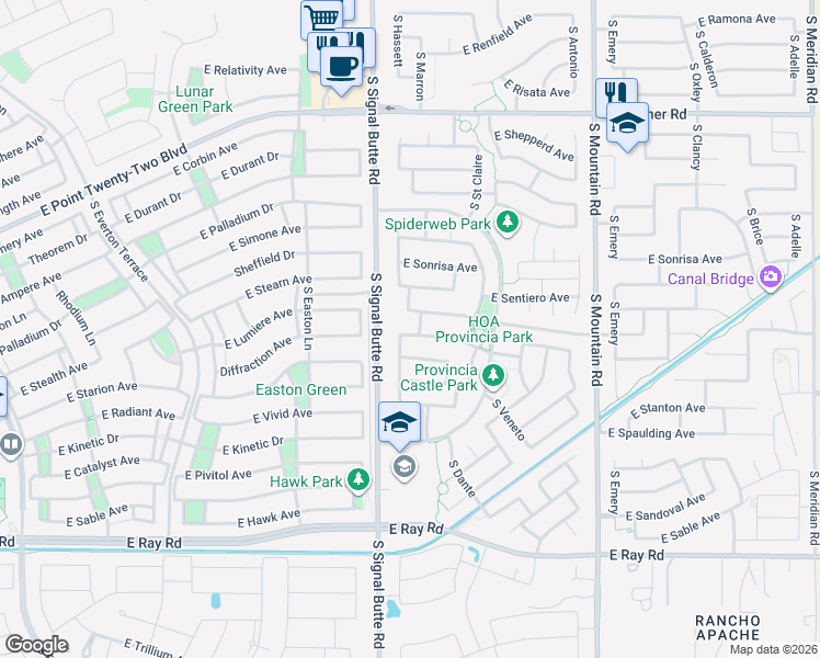 map of restaurants, bars, coffee shops, grocery stores, and more near 10844 East Storia Avenue in Mesa