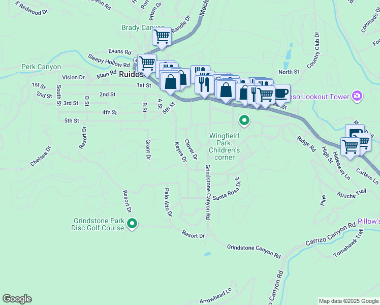 map of restaurants, bars, coffee shops, grocery stores, and more near 114 Clover Drive in Ruidoso