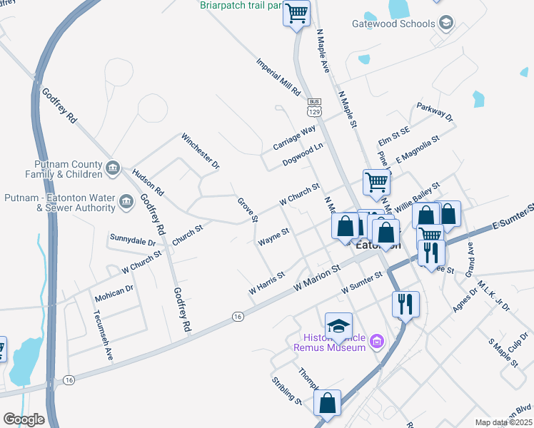 map of restaurants, bars, coffee shops, grocery stores, and more near 255 West Church Street in Eatonton