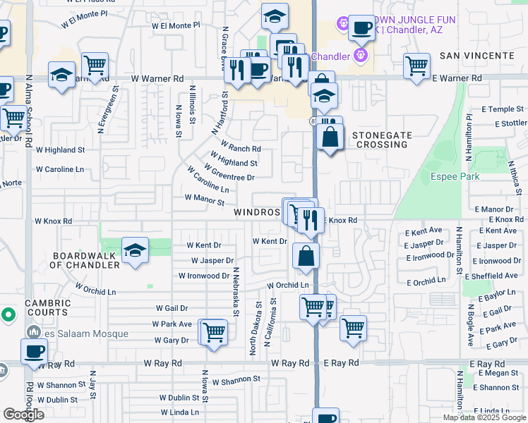map of restaurants, bars, coffee shops, grocery stores, and more near 181 West Manor Street in Chandler