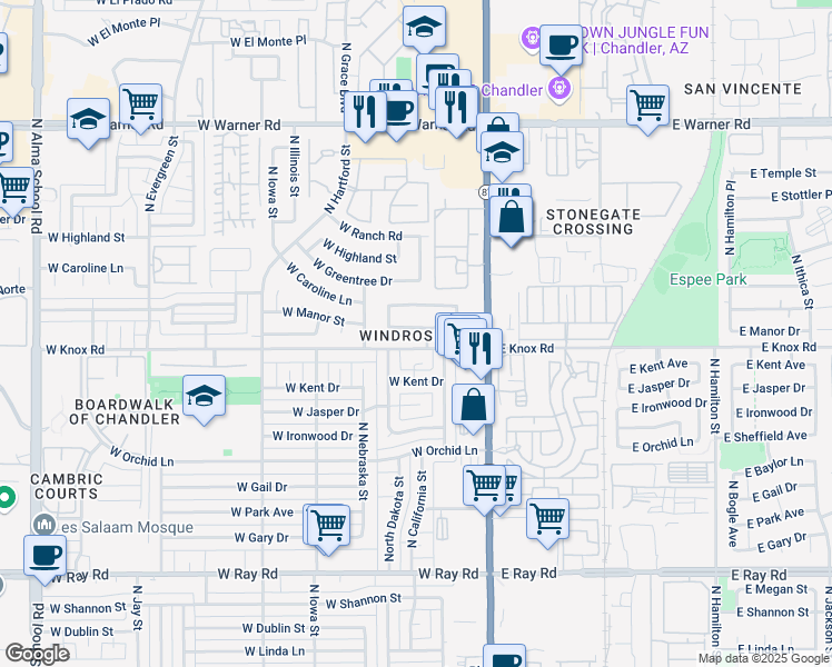 map of restaurants, bars, coffee shops, grocery stores, and more near 181 West Manor Street in Chandler