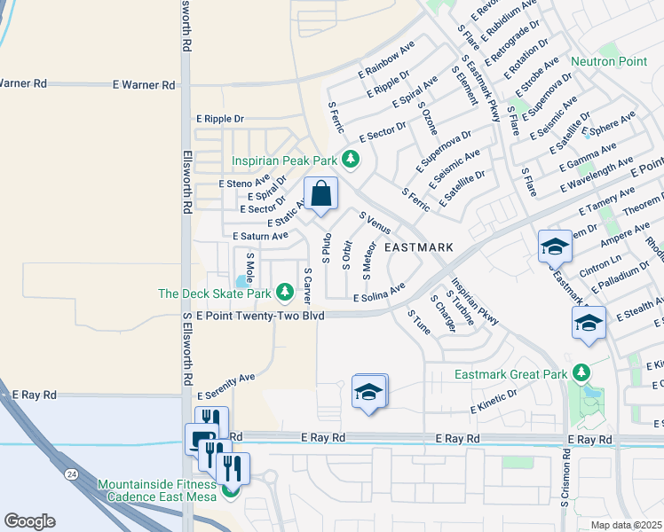 map of restaurants, bars, coffee shops, grocery stores, and more near 4756 South Orbit in Mesa