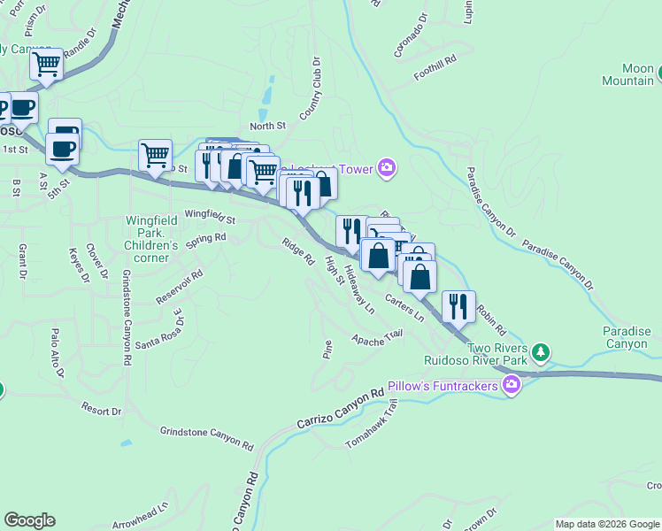 map of restaurants, bars, coffee shops, grocery stores, and more near 112 Hideaway Lane in Ruidoso