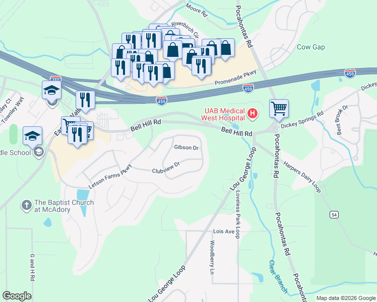 map of restaurants, bars, coffee shops, grocery stores, and more near 4568 Gibson Dr in Bessemer