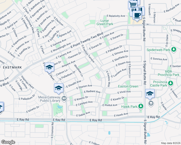 map of restaurants, bars, coffee shops, grocery stores, and more near 10339 Bergeron Avenue in Mesa