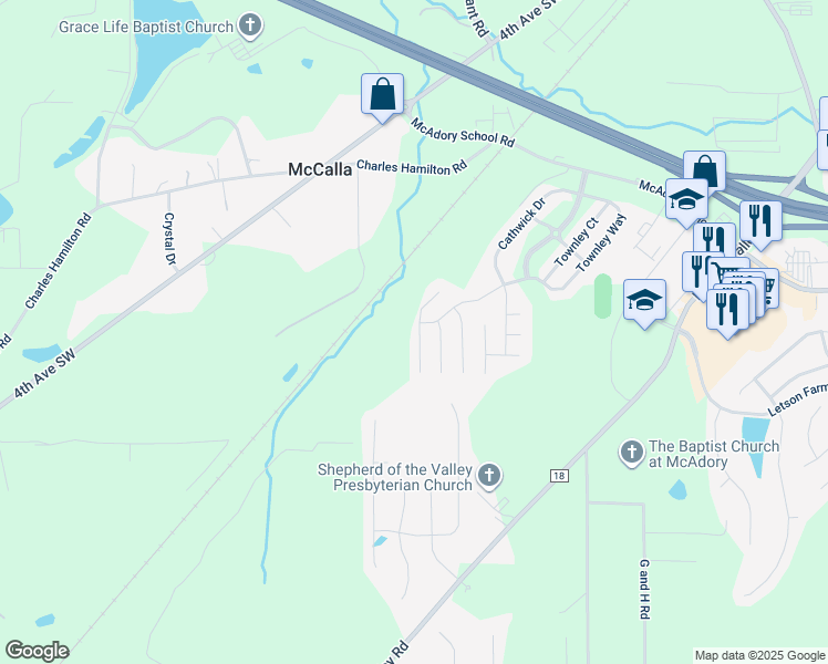 map of restaurants, bars, coffee shops, grocery stores, and more near 5849 Cheshire Cove Trail in McCalla