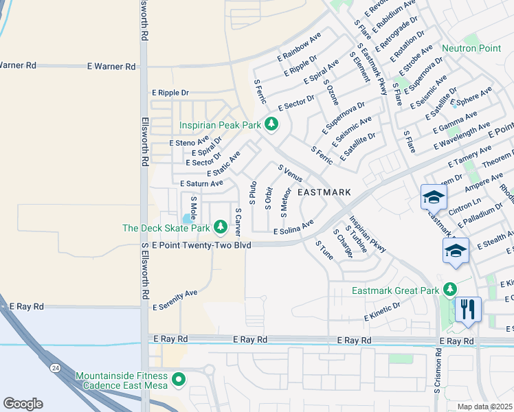 map of restaurants, bars, coffee shops, grocery stores, and more near 4756 South Orbit in Mesa