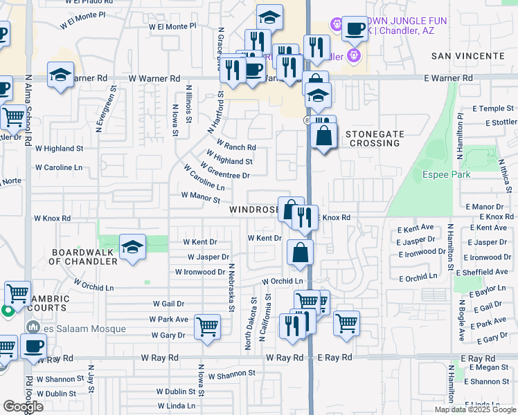 map of restaurants, bars, coffee shops, grocery stores, and more near 181 West Manor Street in Chandler