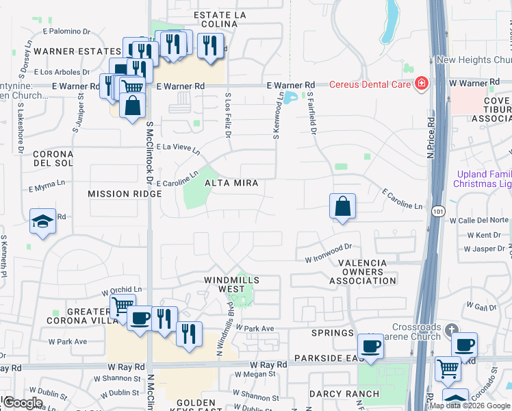 map of restaurants, bars, coffee shops, grocery stores, and more near 1948 East Jeanine Drive in Tempe