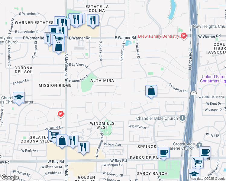 map of restaurants, bars, coffee shops, grocery stores, and more near 1948 East Jeanine Drive in Tempe