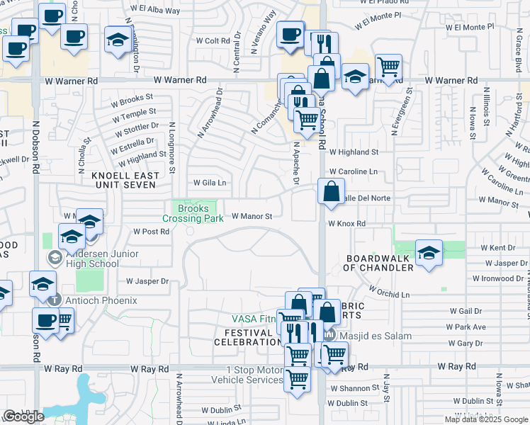 map of restaurants, bars, coffee shops, grocery stores, and more near 1208 West Manor Street in Chandler