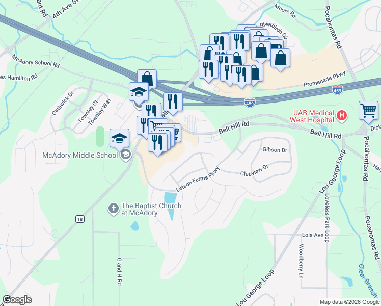 map of restaurants, bars, coffee shops, grocery stores, and more near 4773 Longmeadow Drive in Bessemer
