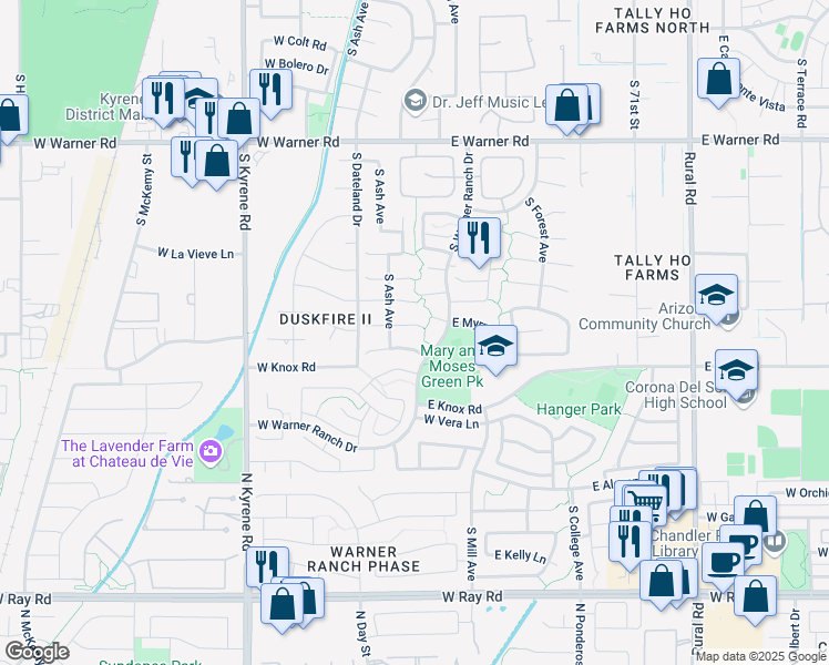 map of restaurants, bars, coffee shops, grocery stores, and more near 131 West Myrna Lane in Tempe