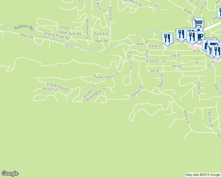 map of restaurants, bars, coffee shops, grocery stores, and more near South Buckingham Drive in Ruidoso