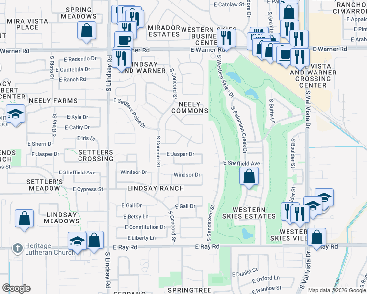 map of restaurants, bars, coffee shops, grocery stores, and more near 1196 South Fern Court in Gilbert