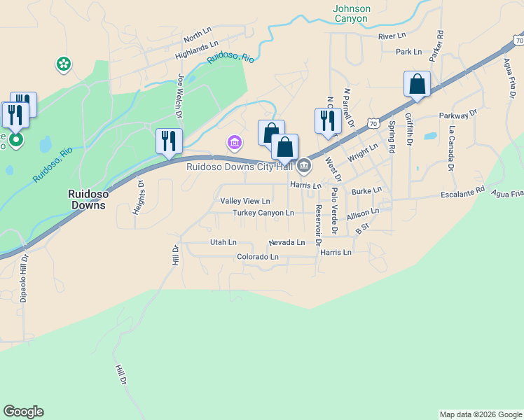 map of restaurants, bars, coffee shops, grocery stores, and more near 212 Turkey Canyon Lane in Ruidoso Downs