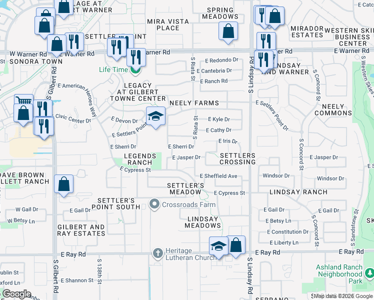map of restaurants, bars, coffee shops, grocery stores, and more near 543 East Sherri Drive in Gilbert