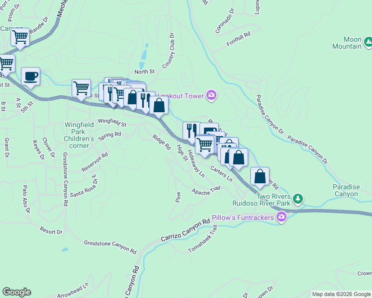 map of restaurants, bars, coffee shops, grocery stores, and more near 112 Hideaway Lane in Ruidoso