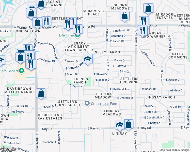 map of restaurants, bars, coffee shops, grocery stores, and more near 483 East Sherri Drive in Gilbert