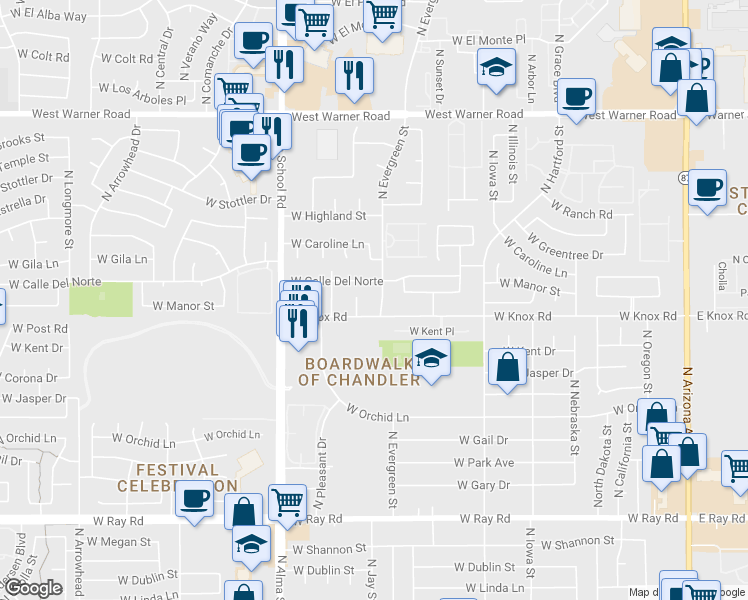 map of restaurants, bars, coffee shops, grocery stores, and more near 1414 North Evergreen Street in Chandler