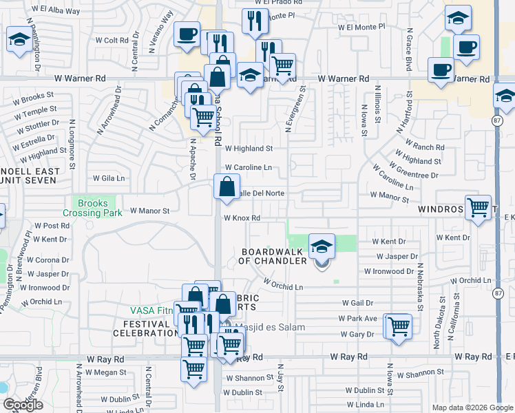 map of restaurants, bars, coffee shops, grocery stores, and more near 1415 North Pleasant Drive in Chandler
