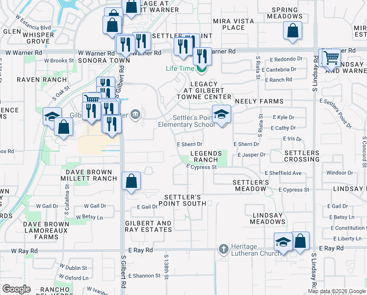 map of restaurants, bars, coffee shops, grocery stores, and more near 269 East Sherri Drive in Gilbert