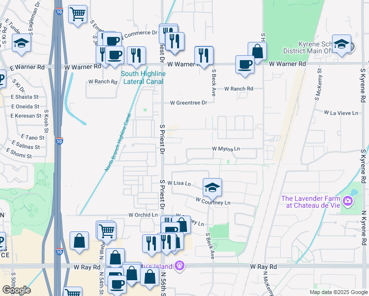 map of restaurants, bars, coffee shops, grocery stores, and more near 9308 South Margo Drive in Tempe
