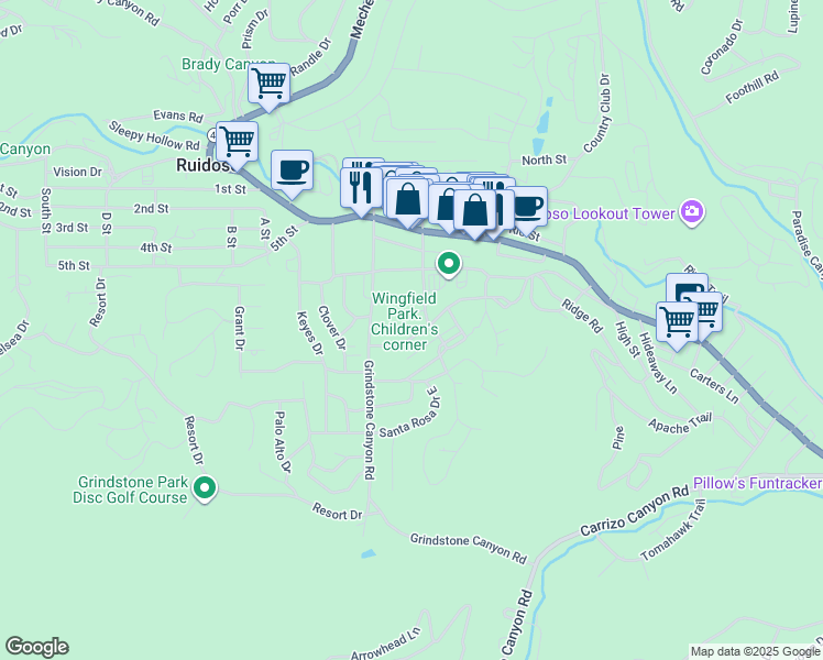 map of restaurants, bars, coffee shops, grocery stores, and more near 302 Spring Road in Ruidoso