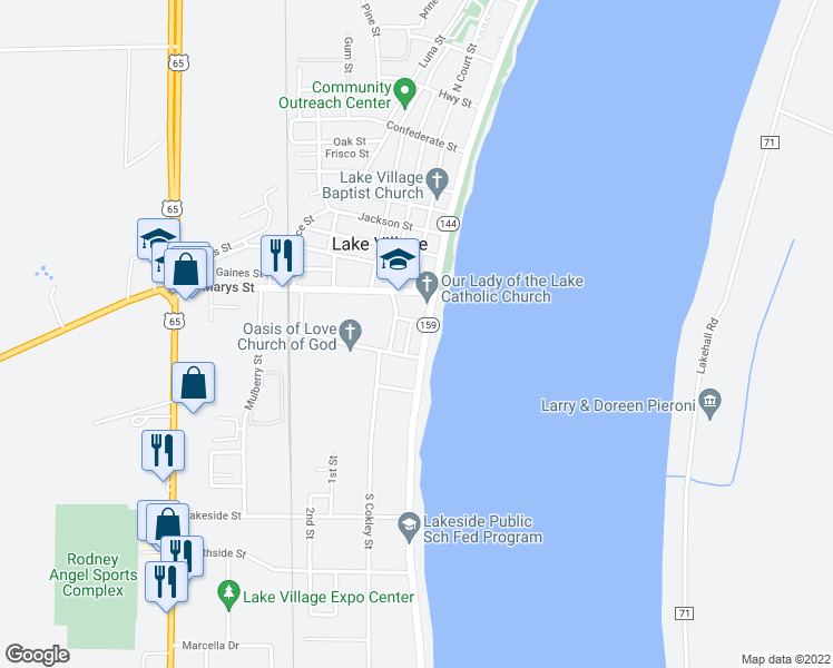 map of restaurants, bars, coffee shops, grocery stores, and more near 412 South Lakeshore Drive in Lake Village