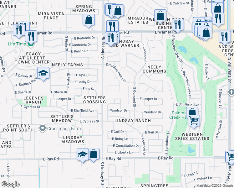 map of restaurants, bars, coffee shops, grocery stores, and more near 911 E Sherri Dr in Gilbert