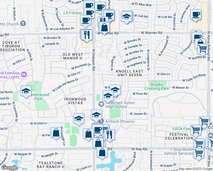 map of restaurants, bars, coffee shops, grocery stores, and more near 1920 West Manor Street in Chandler