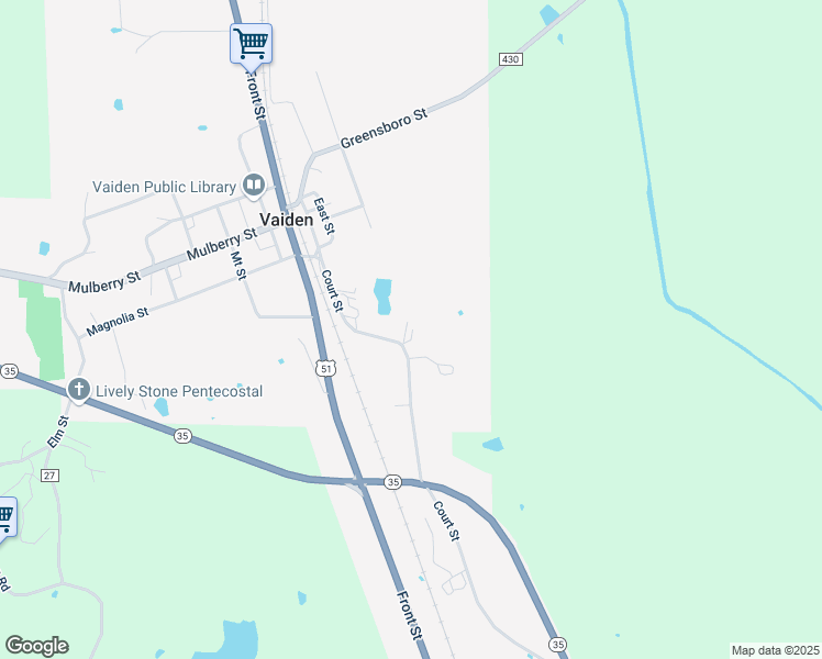 map of restaurants, bars, coffee shops, grocery stores, and more near 335 Court Street in Vaiden