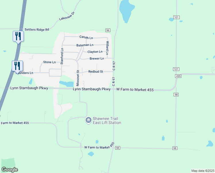 map of restaurants, bars, coffee shops, grocery stores, and more near 1708 Lynn Stambaugh Parkway in Celina