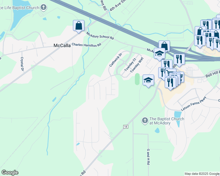 map of restaurants, bars, coffee shops, grocery stores, and more near 6255 Cathwick Drive in McCalla
