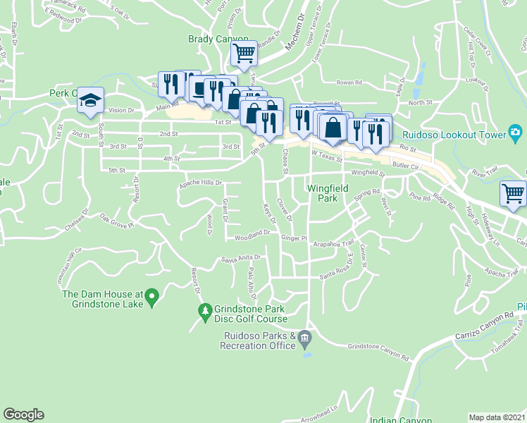 map of restaurants, bars, coffee shops, grocery stores, and more near 206 Keys Drive in Ruidoso
