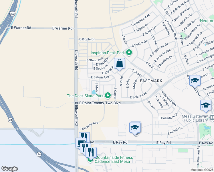 map of restaurants, bars, coffee shops, grocery stores, and more near 9356 East Supernova Drive in Mesa