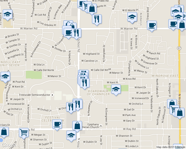 map of restaurants, bars, coffee shops, grocery stores, and more near 1407 North Pleasant Drive in Chandler